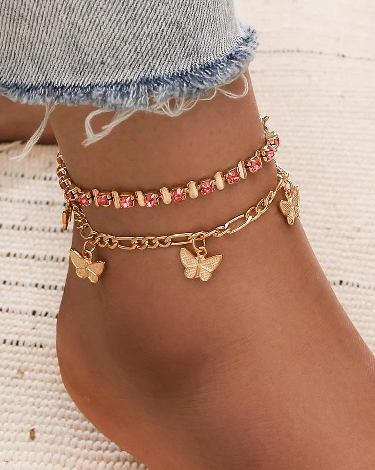 Pink Claw Chain Butterfly Tassel Anklet