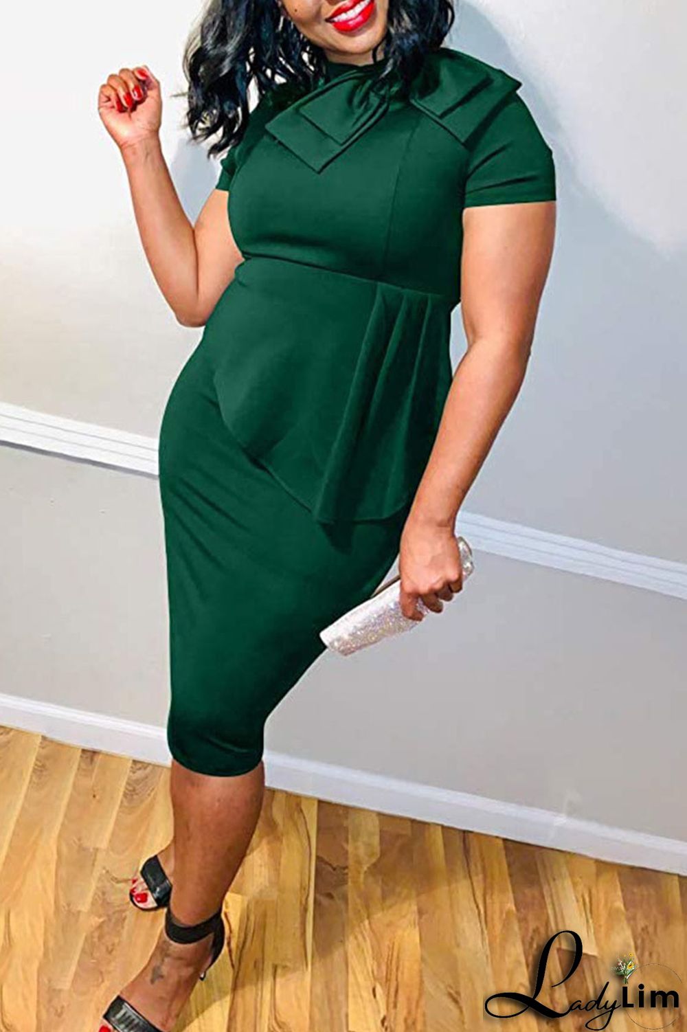 Coral Powder Casual Solid Patchwork Asymmetrical With Bow O Neck One Step Skirt Dresses