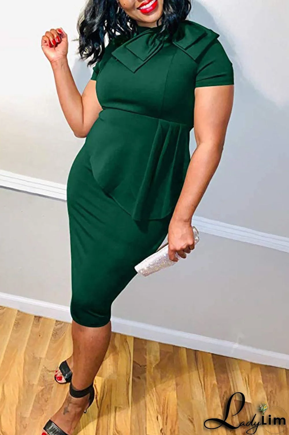 Coral Powder Casual Solid Patchwork Asymmetrical With Bow O Neck One Step Skirt Dresses