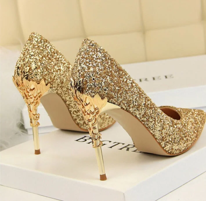 2022 New Spring Women Pumps High Thin Heels Pointed Toe Metal Decoration Sexy Bling Bridal Wedding Women Shoes Gold High Heels
