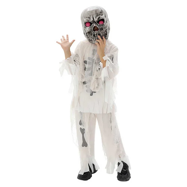 Kids Children Skeleton Horror Glowing Eyes Mask Outfits Cosplay Costume Halloween Carnival Suit
