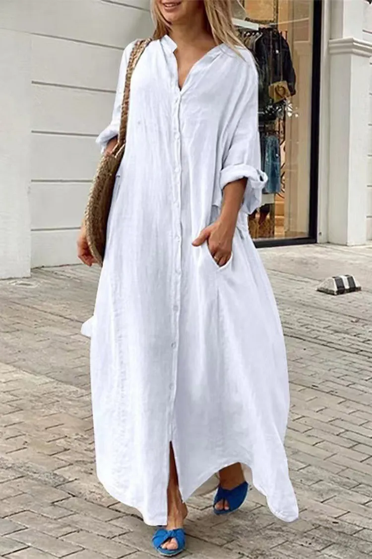 Stand Collar Three Quarter Sleeve Solid Color Loose-Fit Linen Midi Dresses