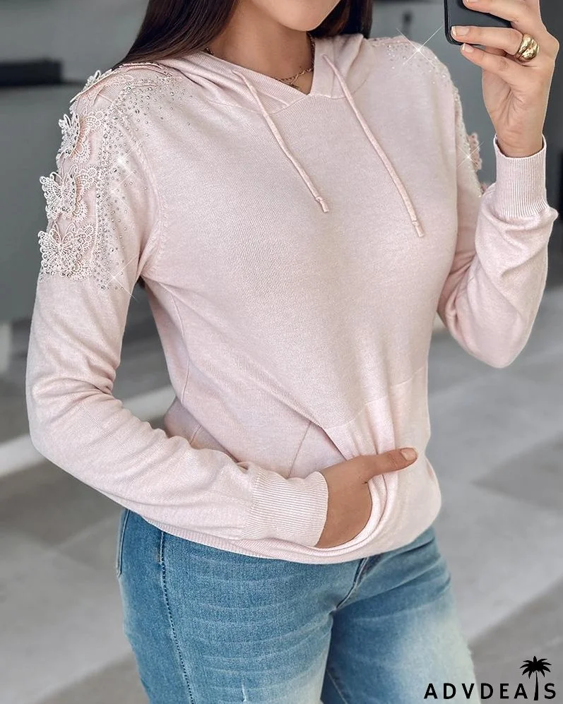 Lace Butterfly Pattern Rhinestone Kangaroo Pocket Design Hoodie