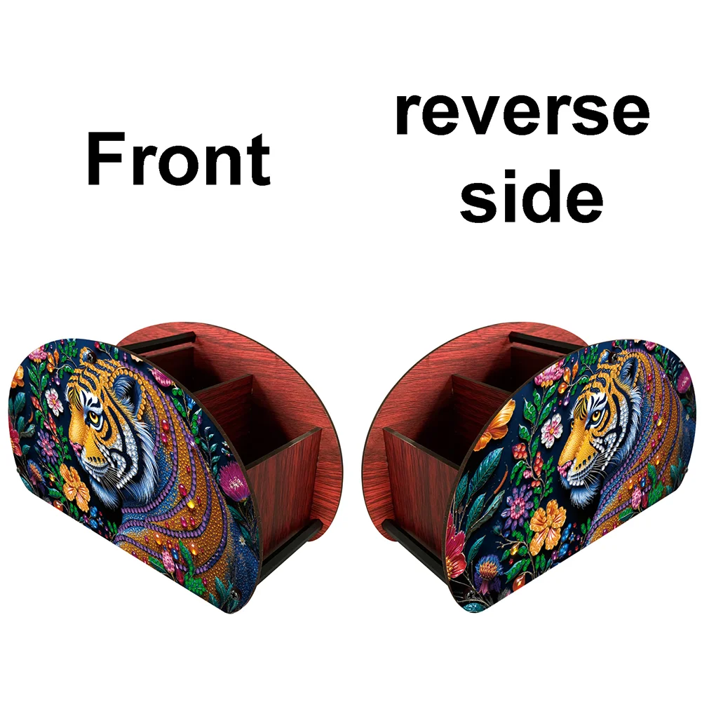 DIY Gem Tiger Design Wooden Diamond Painting Makeup Brush Storage Box Organizer