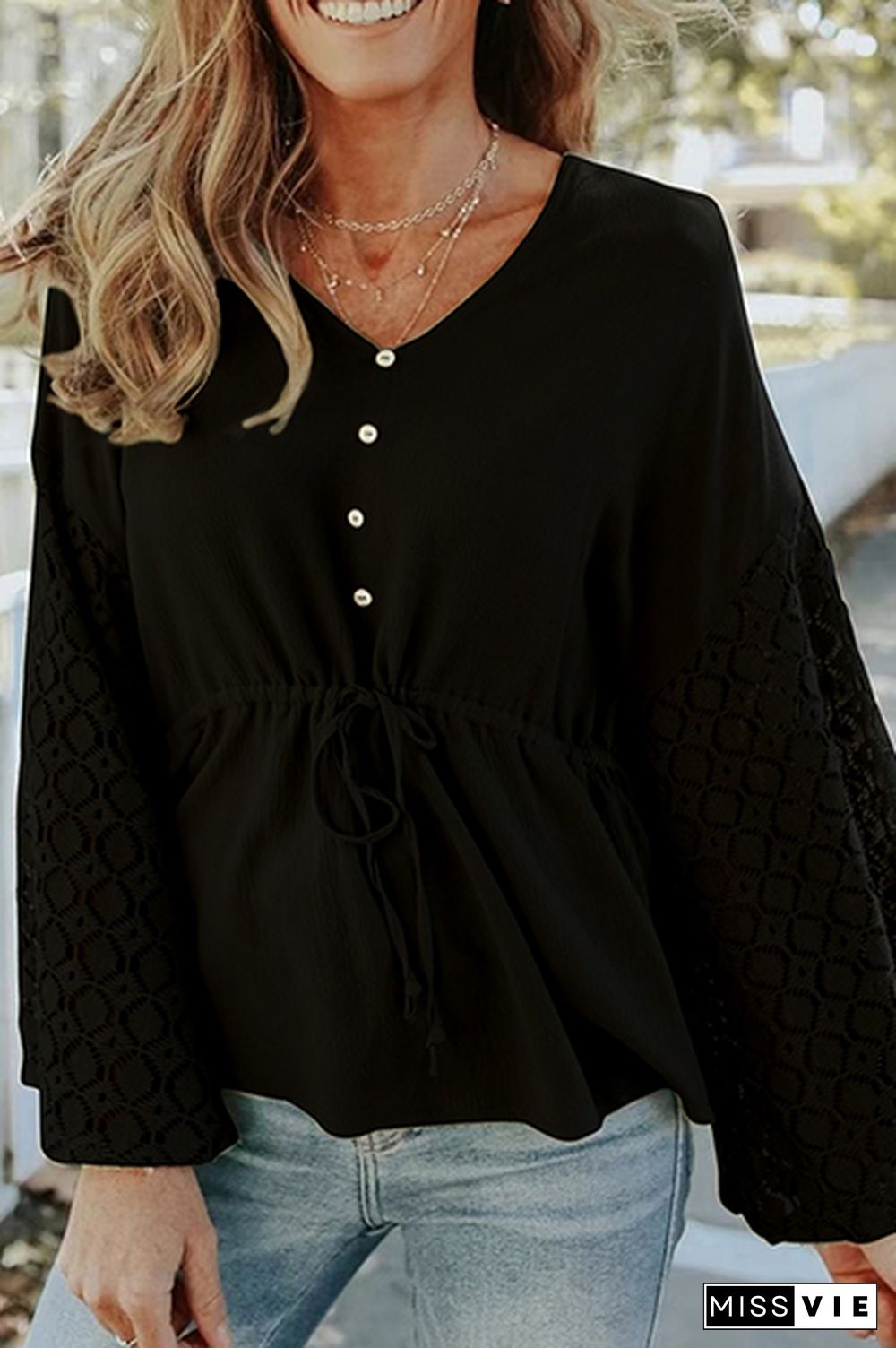 Casual Solid Lace Frenulum Buckle V Neck Tops（5 Colors）