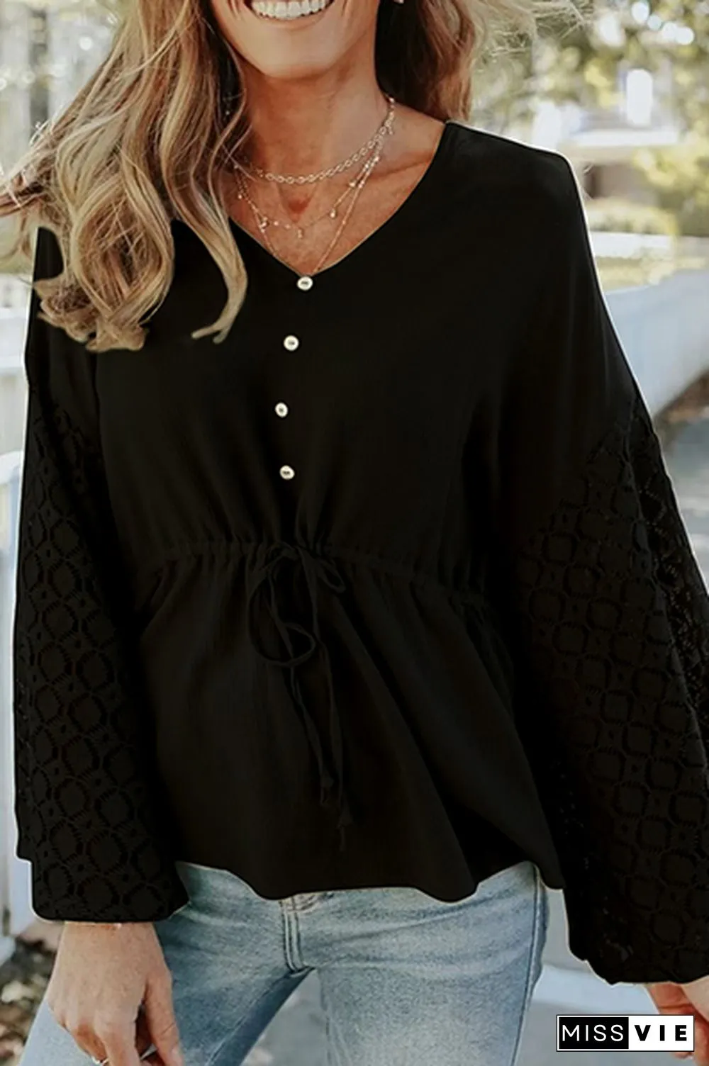 Casual Solid Lace Frenulum Buckle V Neck Tops（5 Colors）