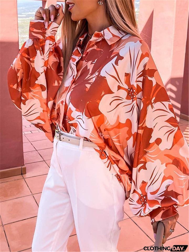 Women Floral Printed Turn-Down Collar Blouses