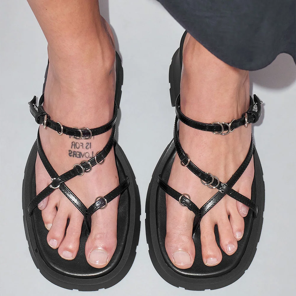 Black Round Toe Chunky Heel Hoops Buckle Flip Flops Mules Sandals