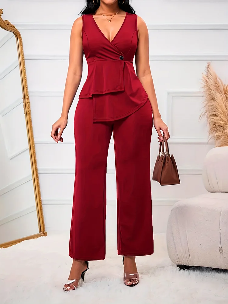 Spring And Summer Women's Solid Color Casual V-Neck Sleeveless Top And Straight Leg Pants, With Waist Buckle Decoration, Women's Two-Piece Clothing Set, Suitable For Going Out, Daily Life, Travel, Vacation, Etc