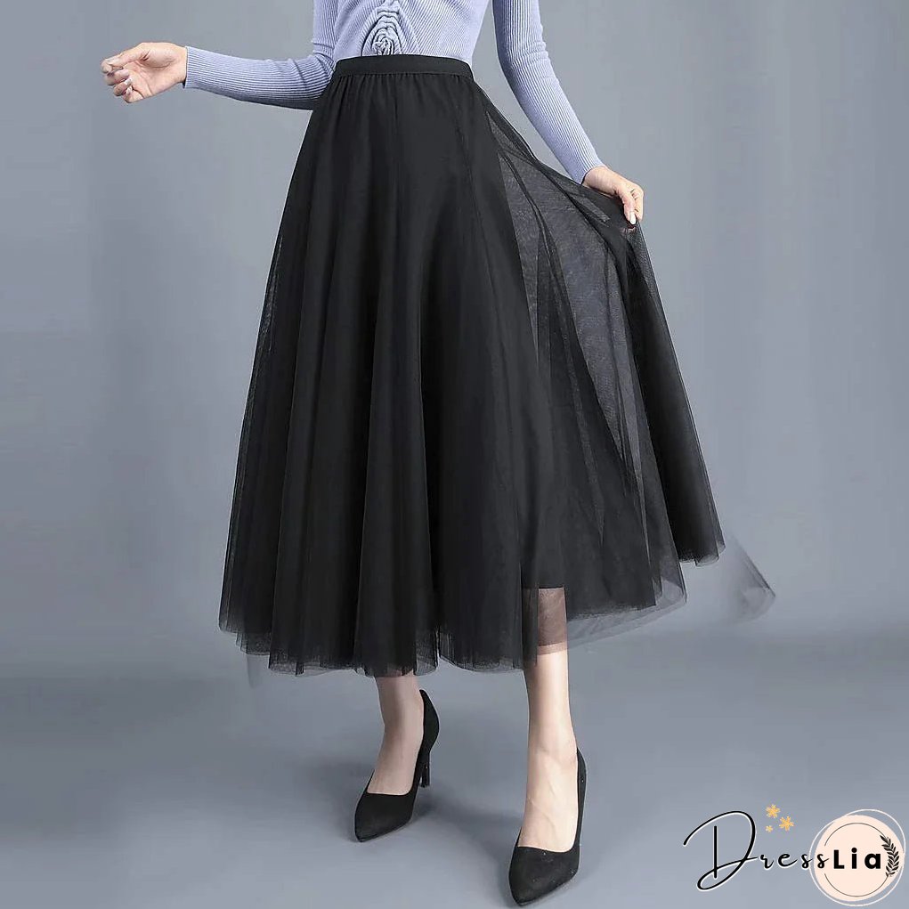 Women's Skirt Swing Tulle Long Skirt Maxi Black Pink Khaki Beige Skirts Pleated Layered Tulle Vintage Elegant Street S M L