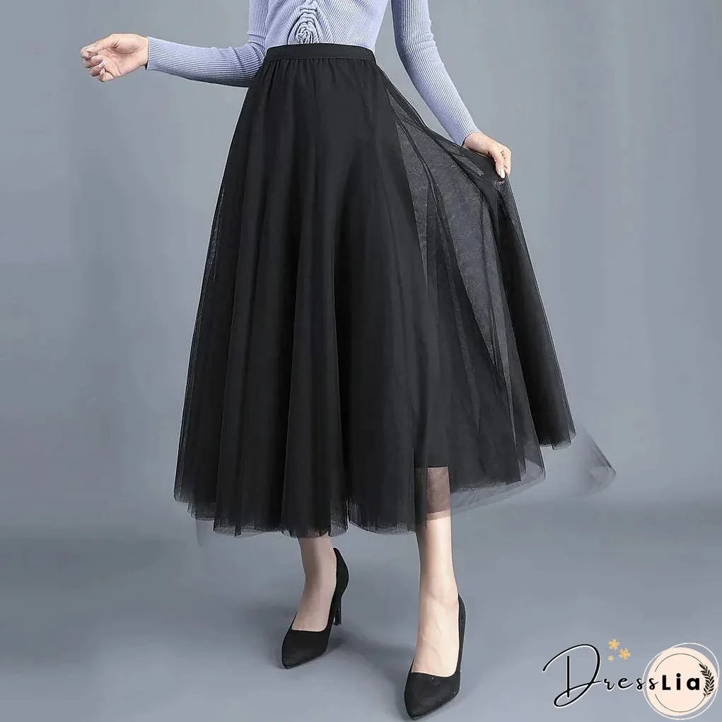 Women's Skirt Swing Tulle Long Skirt Maxi Black Pink Khaki Beige Skirts Pleated Layered Tulle Vintage Elegant Street S M L