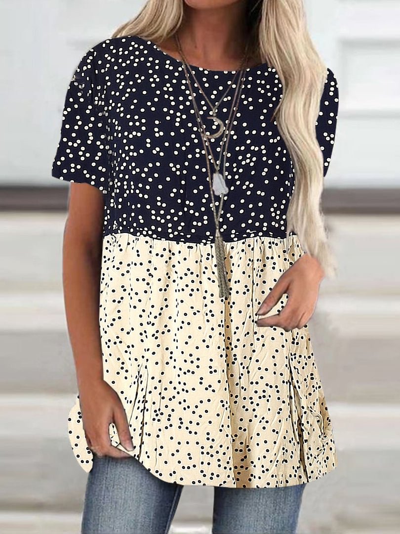 Women Short Sleeve Scoop Neck Polka Dot Colorblock Top