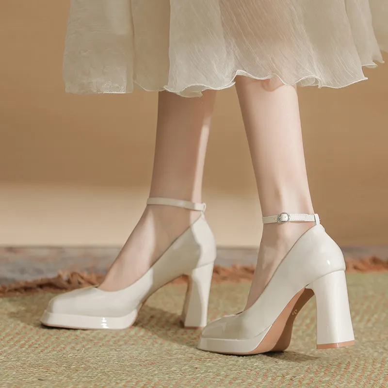 Churchf Churchf Shallow Mouth With Mary Jane Heels Square Head Waterproof Platform Patent Leather High Shoes Single Shoes One Word Buckle Women's Shoes