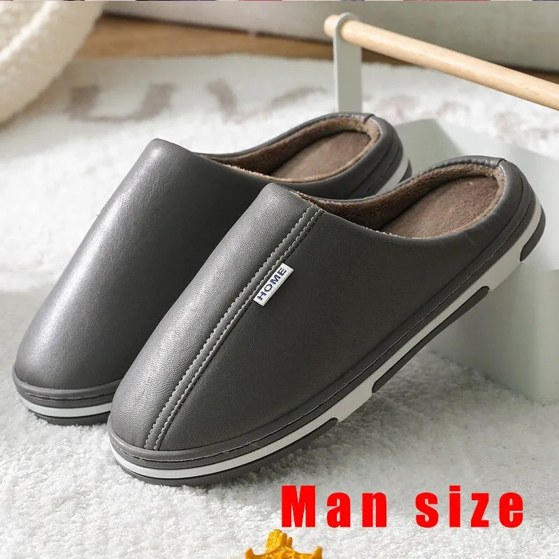 Men's Slippers Waterproof Men Slippers Leather Velvet Short Plush Indoor Fur Slippers Large Size Couple Shoes for Home