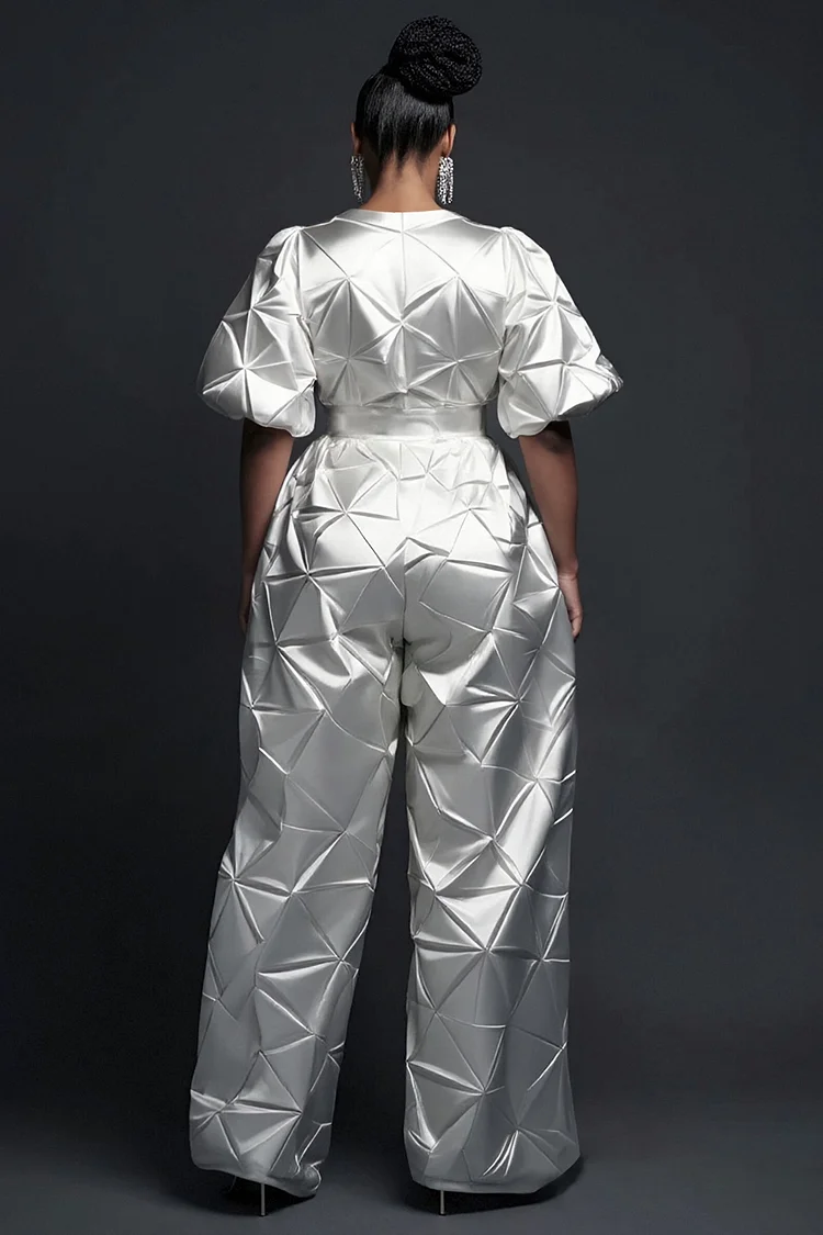 Xpluswear Design Plus Size Formal Silver V Neck Short Sleeve Pocket Elegant Satin Jumpsuits [Pre-Order]
