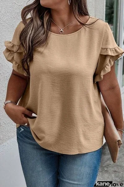 Plus Size Ruffled Petal Sleeve Round Neck T-Shirt