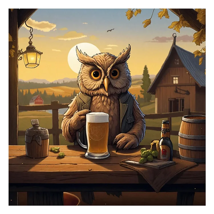 Full Round Diamond Painting - Owl Drinking Beer 30*30CM