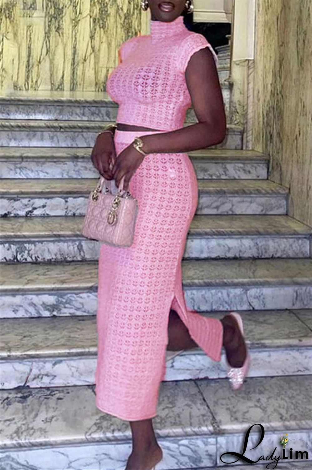 Pink Fashion Casual Solid Patchwork Slit Turtleneck Short Sleeve Two Pieces