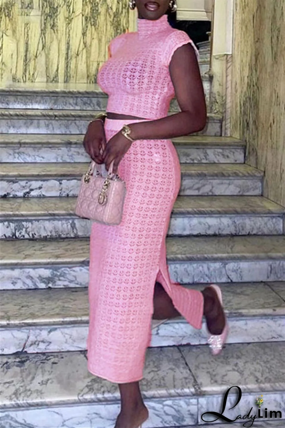 Pink Fashion Casual Solid Patchwork Slit Turtleneck Short Sleeve Two Pieces