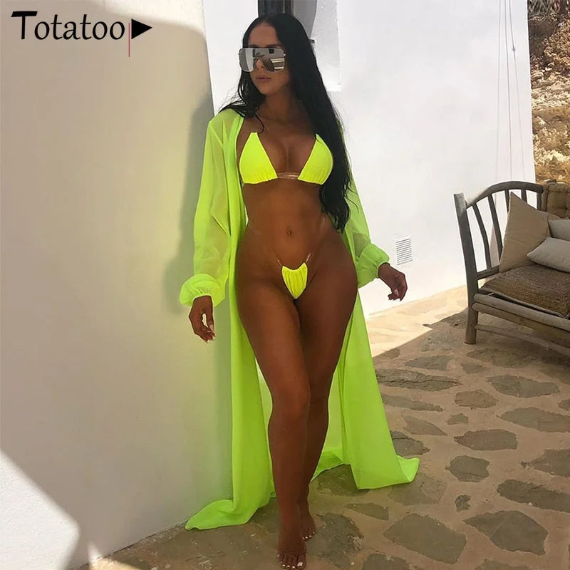Totatoop Neon Pink Green 3Pcs Women Bikini Sets Boho Chiffon Long Cover Up Cardigan Beach Bathing Dress Swimwear Sets 531-1