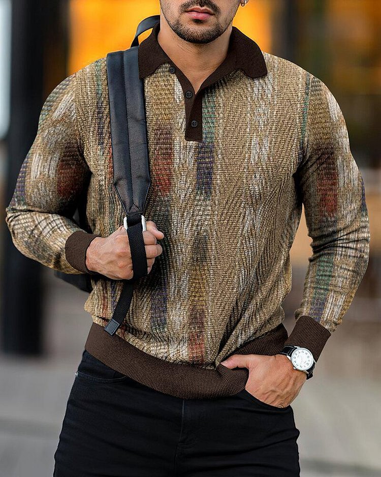 Casual knitted long sleeve lapel polo shirt