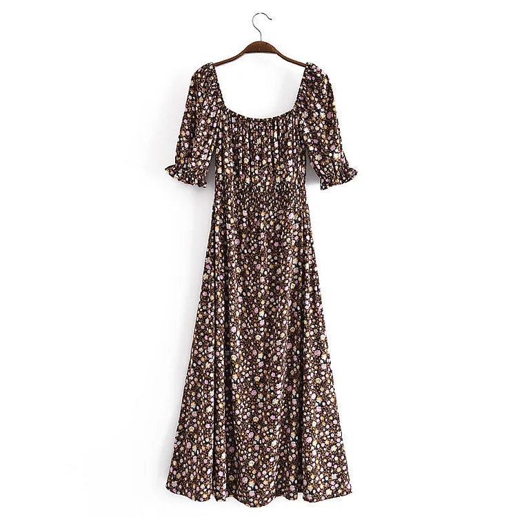 Luditu Midi Dress, Off  Shoulder Smocked Dress, Vintage Brown Gabriella