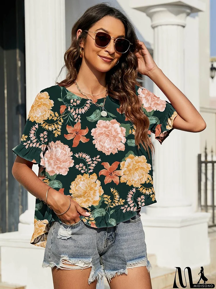 Floral Ruffled Flounce Sleeve Blouse