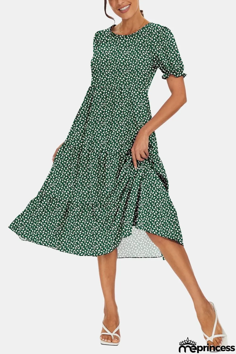 Round Neck Flounce Sleeve Midi Dress