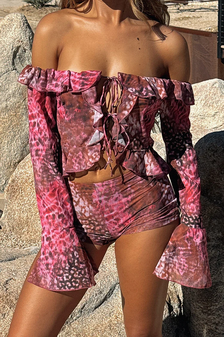 Leopard Print Ruffled Crop Top Low-Rise Shorts 2pcs Set-Pink [Pre Order]
