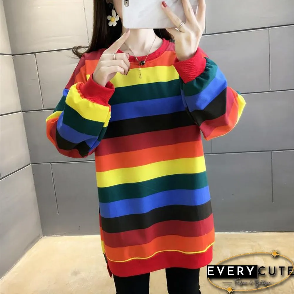 Fashion Rainbow Color Sweatshirt Hoodies Women Loose Long Sleeve Pullover Female Spring