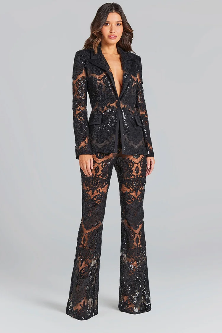 Lace Mesh Sequin Embroidered Two Piece Pant Set