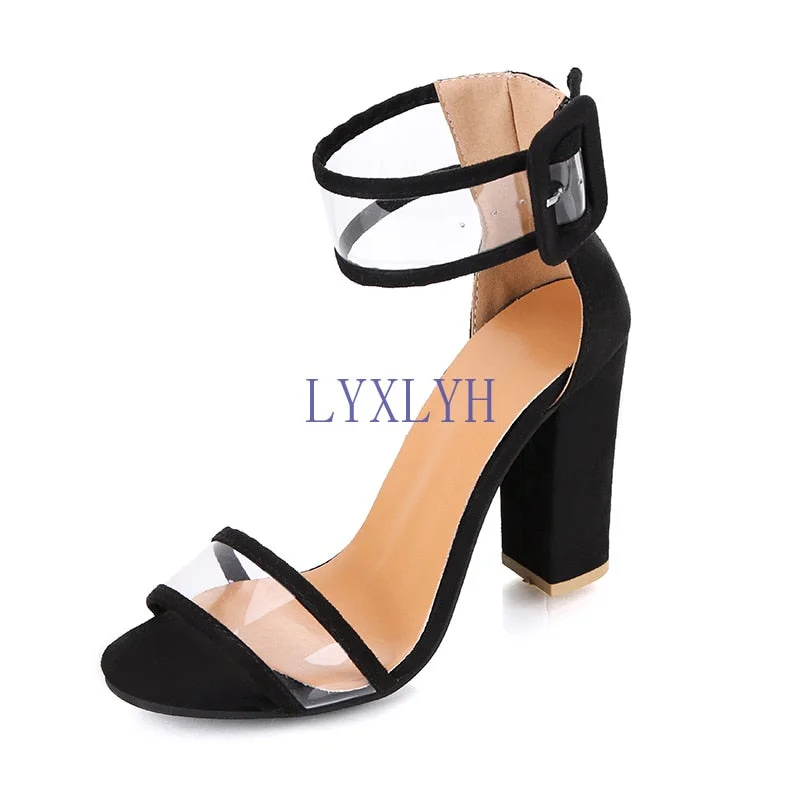 New Summer Transparent High-heeled Sandals Fashion Chunky Buckle Women's Shoes Big Size Wedding Shoes High Heels