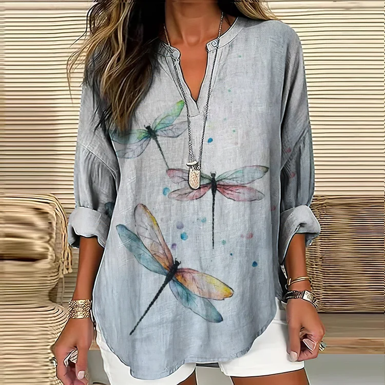 Women's Watercolor Dragonfly Print Casual Shirt