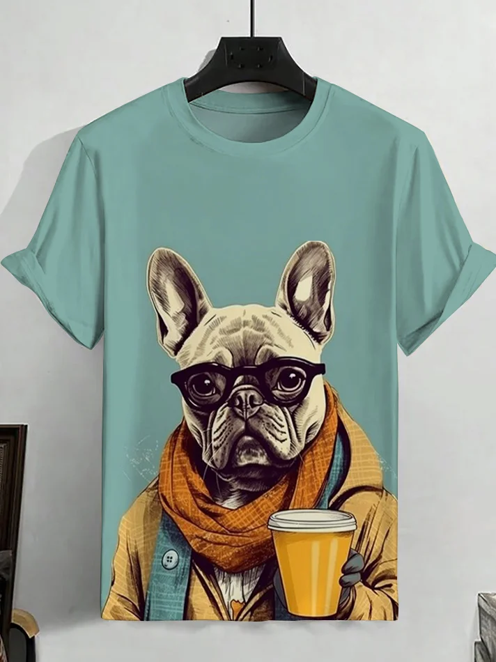 Men's A Dog Wearing Glasses Holding Coffee Print T-Shirt