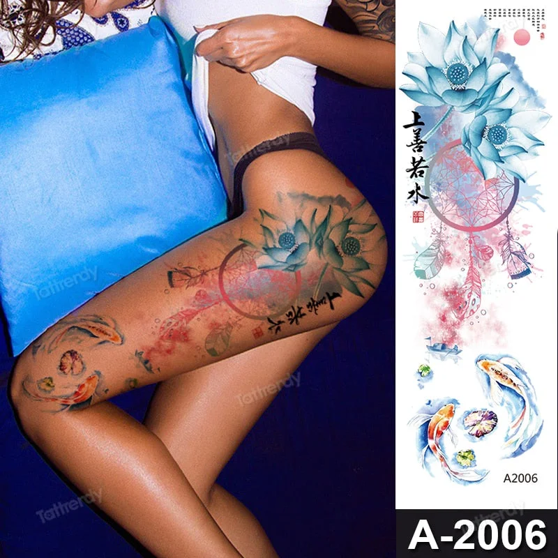 sexy fake tattoo for woman waterproof temporary tattoos large leg thigh body tattoo stickers peony lotus flowers fish dragon