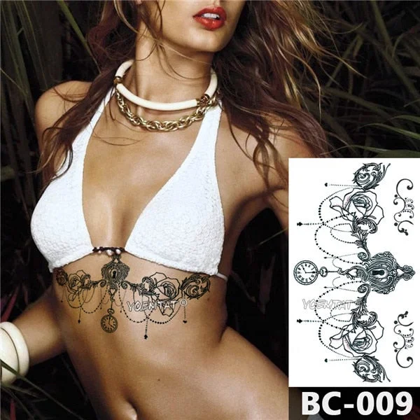 1 Sheet Chest Body Tattoo Temporary Waterproof Jewelry Clock Lace Key Lock Rose Pattern Decal Waist Art Tattoo Sticker