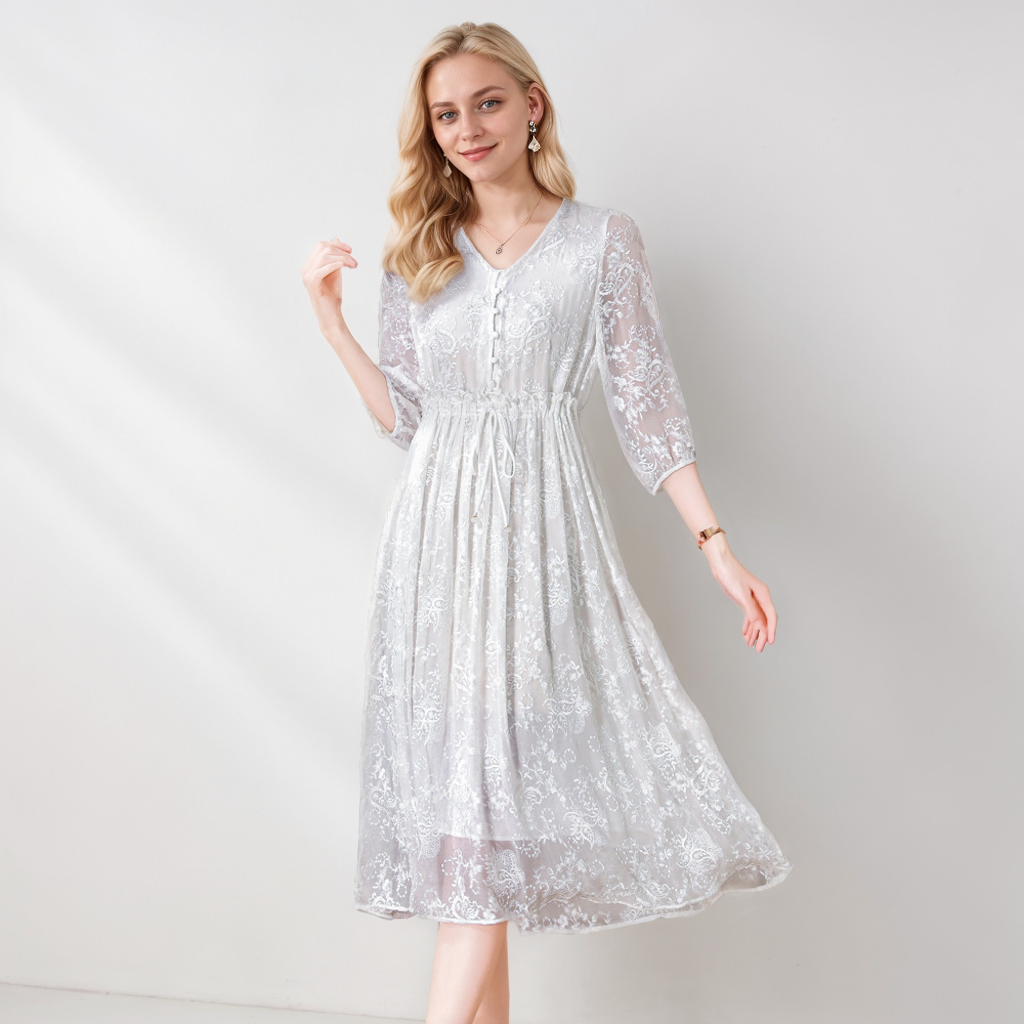 White Silk Midi Dress High End For Summer  REAL SILK LIFE