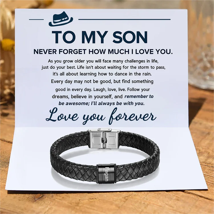 Personalized To My Son Leather Braided Bracelet Gift Set, Personalized with 1 Name Black Bracelet For Son