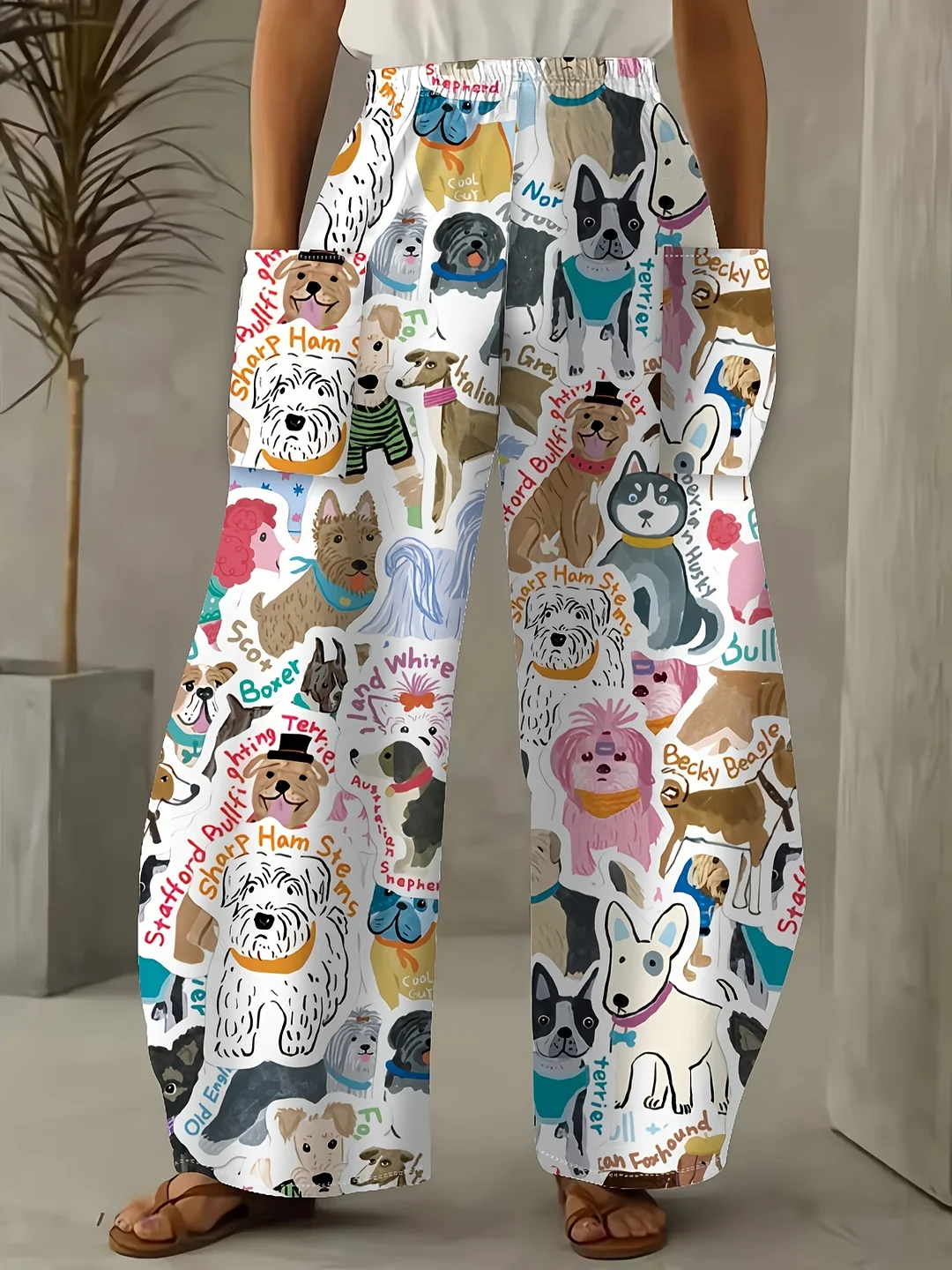 Women's Playful Dog Print Wide-Leg Pants - Comfortable Casual Style With Pockets, Cute Animal Patterns, Soft Fabric, Perfect For Casual Attire, Everyday Comfort Wear | Relaxed Fit Pants | Durable Fabric Pants, Dog Clothe | IFYHOME