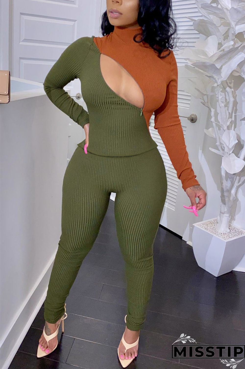 Orange Sexy contrast color pencil Long Sleeve Two Pieces