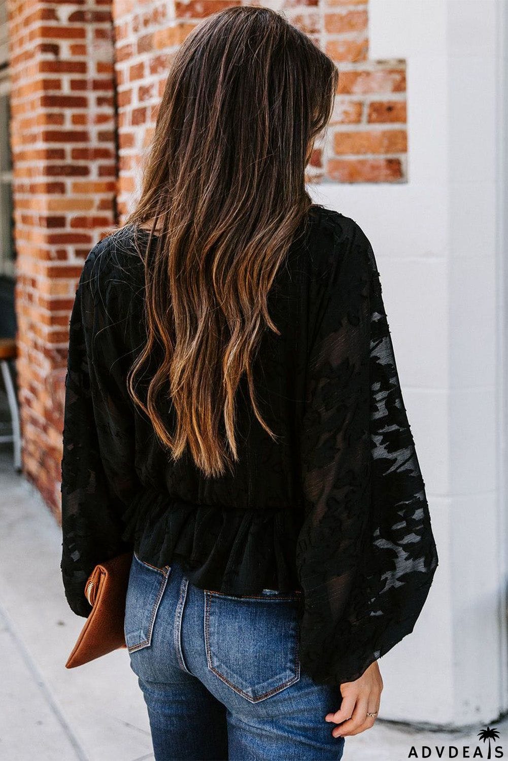 Shimmer Printed V Neck Ruffled Long Sleeve Top