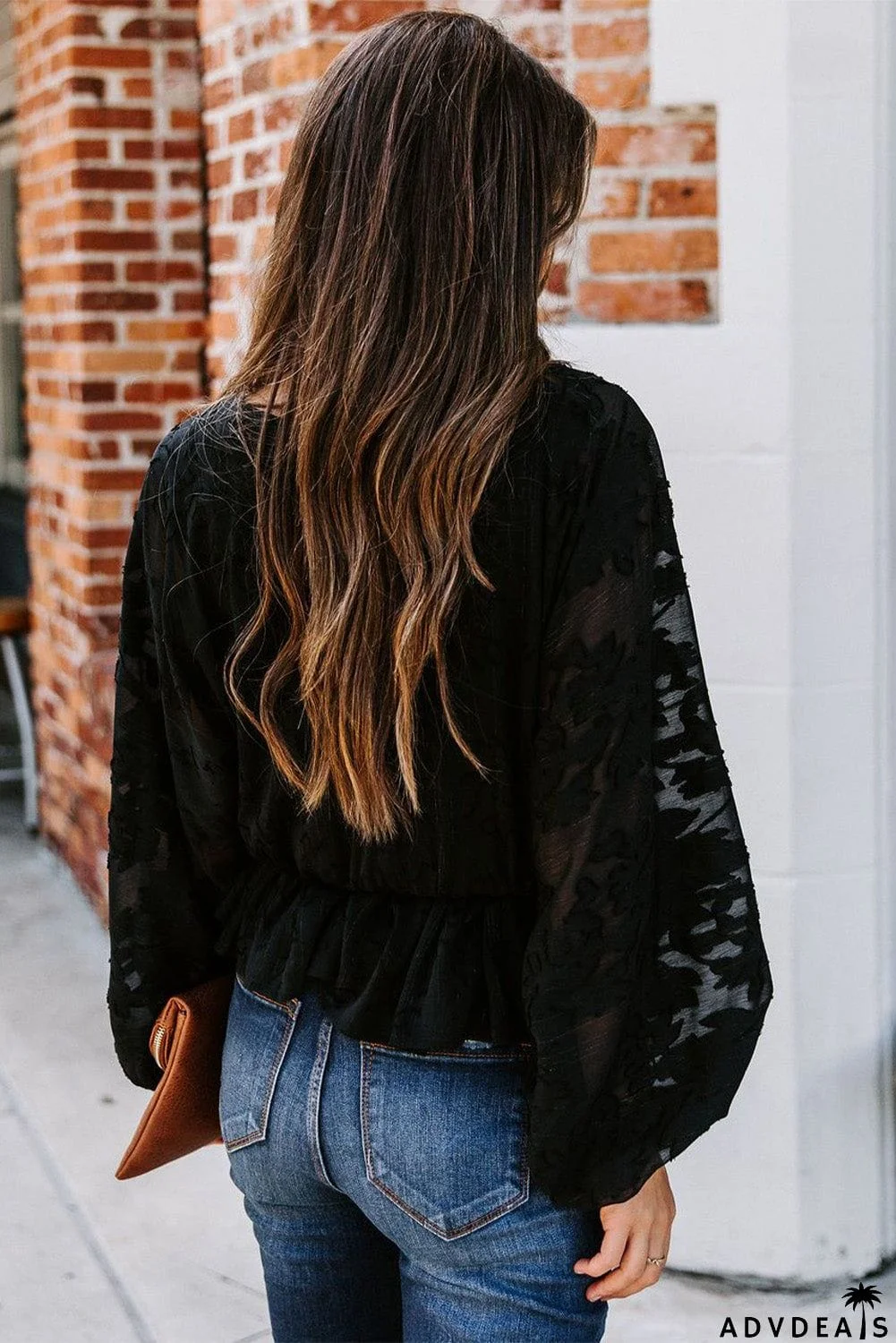 Shimmer Printed V Neck Ruffled Long Sleeve Top