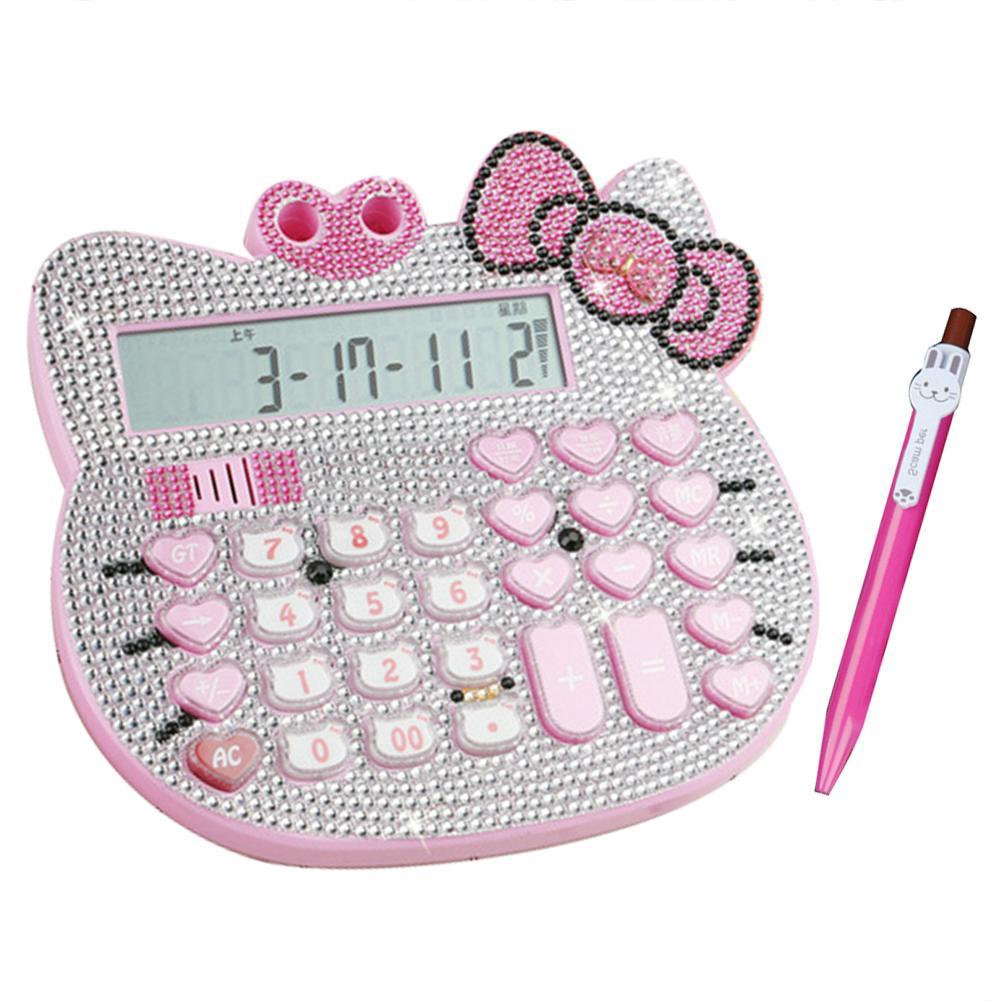 

Cartoon Cat Head Rhinestone 12-digit Voice Calculator School Stationery, 501 Original