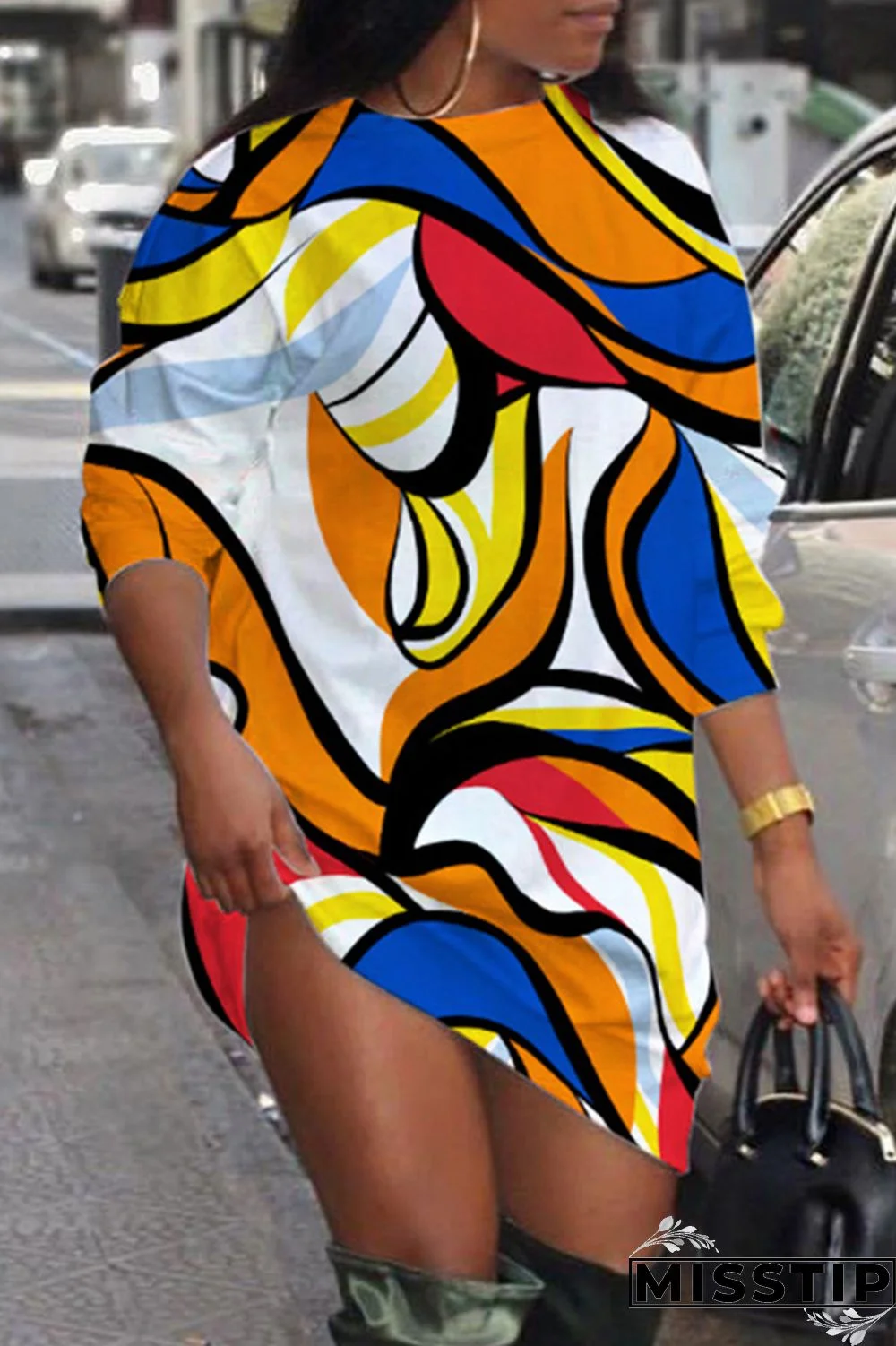 Black Casual Daily Print Patchwork O Neck Long Sleeve Dresses