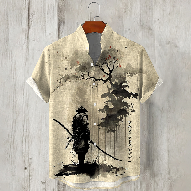 Men's  Japanese Samurai Ink Art Linen Blend Cozy Shirt