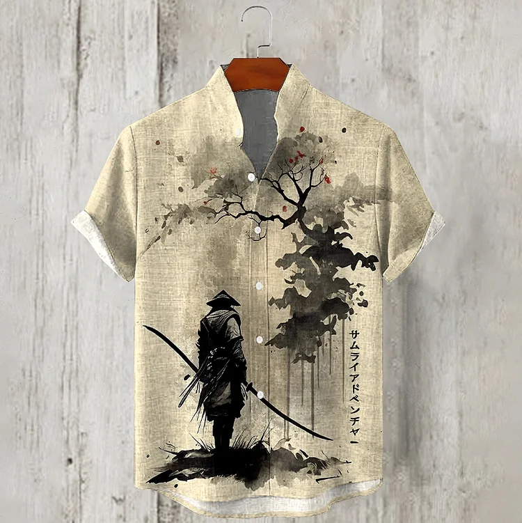 Men's  Japanese Samurai Ink Art Linen Blend Cozy Shirt
