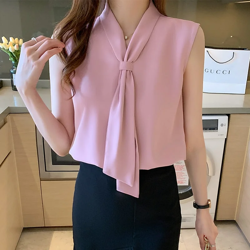 tlbang Women's Shirt Pink Ribbon Blouses for Women Sleeveless Summer Shirts Female Top V-neck Blouse Tops Female 2023 Woman Basic Shirt