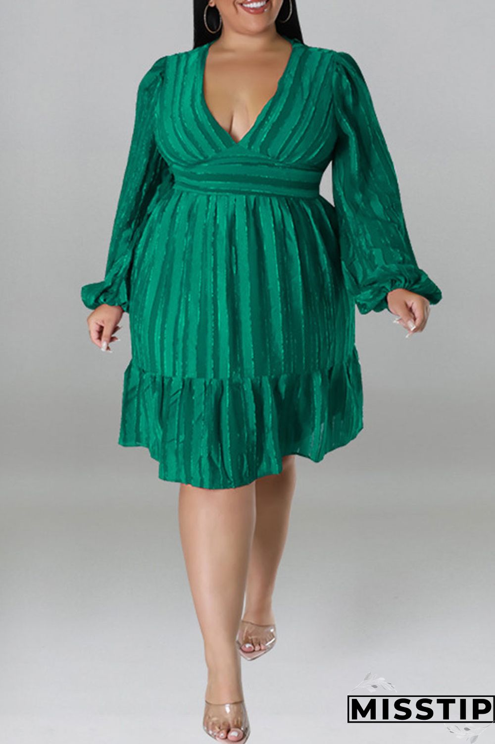 Green Casual Solid Patchwork Fold V Neck Straight Dresses