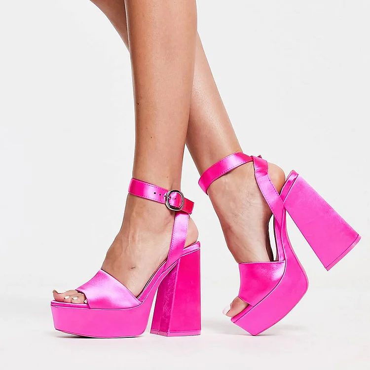 Hot Pink Satin Almond Toe Platform Heels Ankle Strap Chunky Sandals |FSJ Shoes