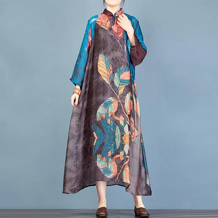 French stand collar asymmetric quilting dresses Fabrics blue print robes Dresses